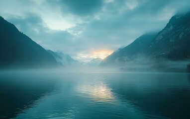 Misty morning on a serene lake surrounded by majestic mountains with a hint of sunrise glow