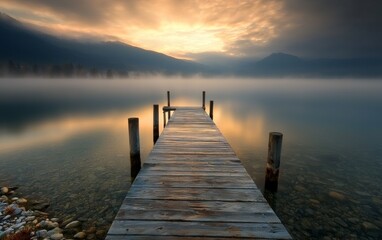Fototapeta premium Serene wooden dock extending into a misty lake during sunrise with mountains in the background and gentle clouds overhead