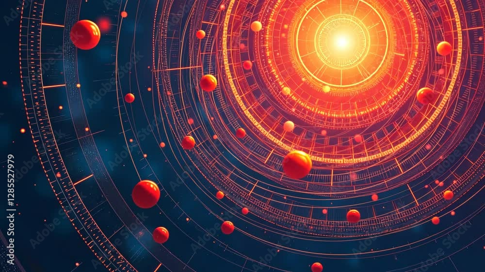 Aufkleber a colorful, abstract design featuring a large blue circle with numerous red spheres scattered around