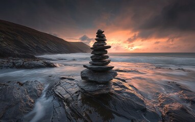 Stones balanced in a tower near the coastline during a sunset with dramatic clouds and soft waves