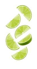 lime fruit png. lime isolated. Fresh lime slices falling down PNG, vibrant green citrus pieces in mid-air, perfect for organic food, tropical drinks, and healthy lifestyle visuals