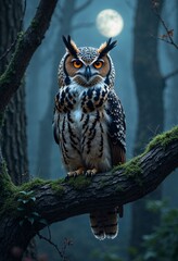 Obraz premium Powerful owl standing on a mossy branch under a full moon, mysterious forest background