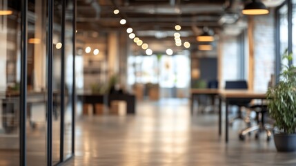 Bright and airy office corridor flooded with natural light from a glass wall, creating a modern and spacious workspace. Blurry background emphasizing open, light-filled environment.