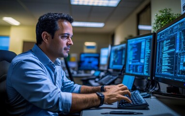 Professional working at multiple computer monitors in a modern office environment during the day