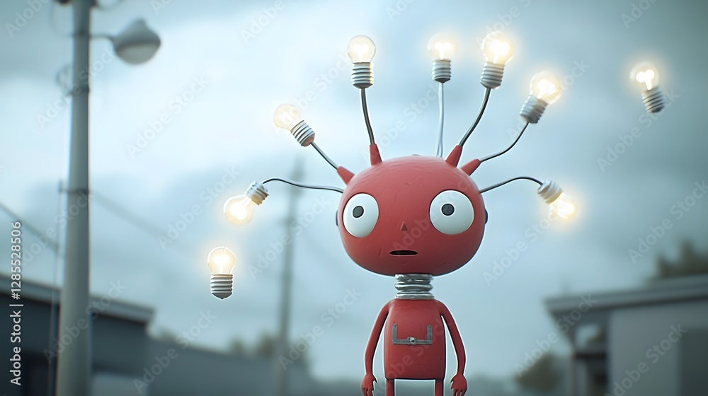 Poster Whimsical and Cute Illustrated Character Brainstorming with Floating Lightbulbs Around Their Head Representing Creativity Innovation and Problem Solving