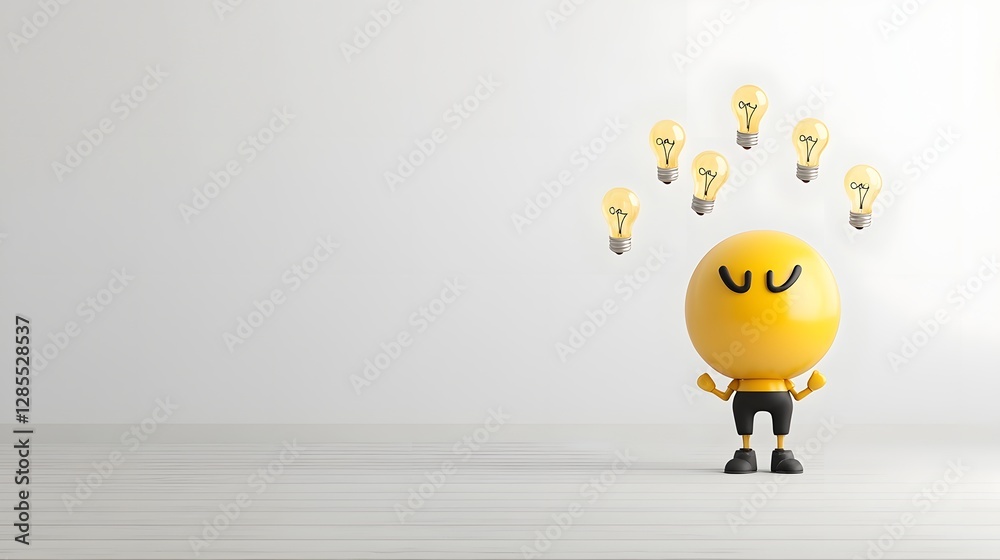 Poster whimsical of a cute character brainstorming with floating lightbulbs surrounding their head represen