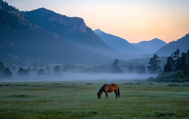 Obraz premium Majestic horse grazing in a serene mountain meadow during early morning light