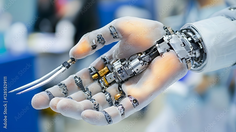 Poster Zoomed in view of a cyborg s hand with extendable metallic claws sliding out from underneath the synthetic skin showcasing advanced cybernetic augmentation and futuristic technology