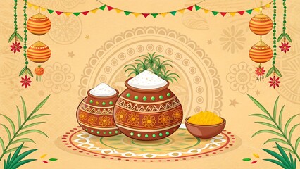 Vector greeting card design for pongal harvest indian holiday.