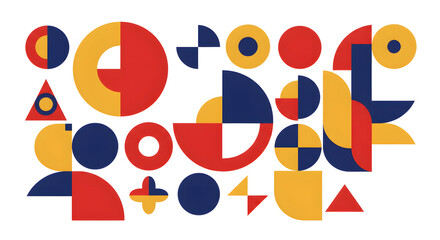 Geometric Abstract Pattern with Red, Yellow and Blue Shapes on White