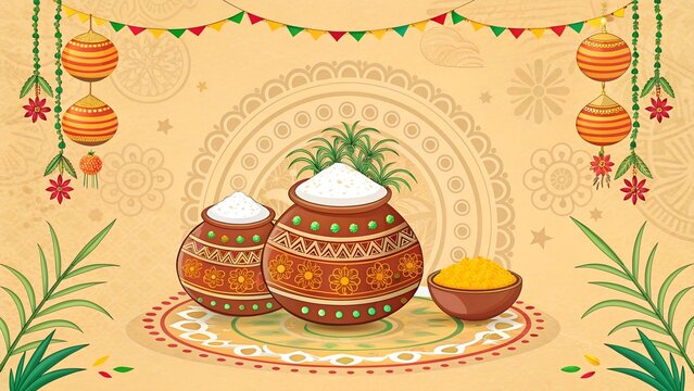 Vector greeting card design for pongal harvest indian holiday.
