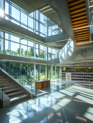 Fototapeta premium Modern library interior flooded with natural light featuring glass walls and sleek architectural design : Generative AI