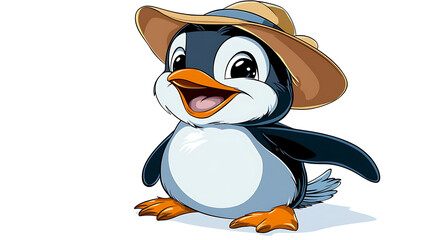 Obraz premium A cartoon penguin wearing a straw hat is smiling. generated using AI