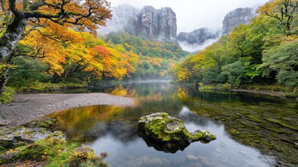 Autumnal river valley, misty mountains, colorful foliage, tranquil scene, nature background