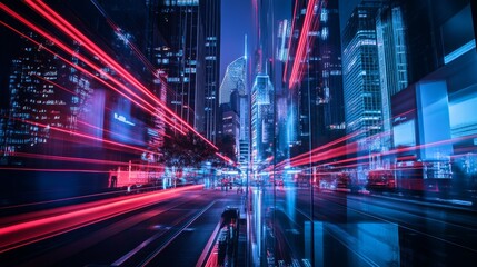Fototapeta premium Futuristic cityscape at night with red and blue light trails, motion blur, illuminated skyscrapers, a streetcar on the road, captured with long exposure. Modern urban technology nightlife concept