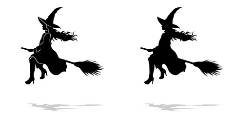 isolated silhouette witch on the broom , black and white vector drawing, white background