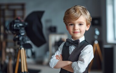 Young boy dressed in formal attire poses confidently for a photography session in a stylish studio