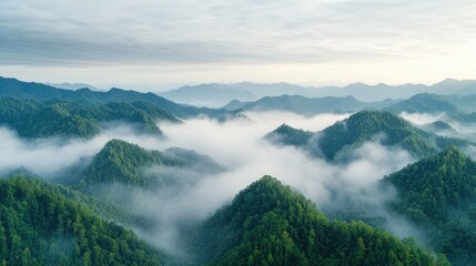 Misty mountain sunrise aerial view, nature landscape