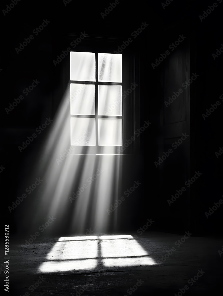 Poster mystical sun beams through rustic window creating dramatic shadows : generative ai