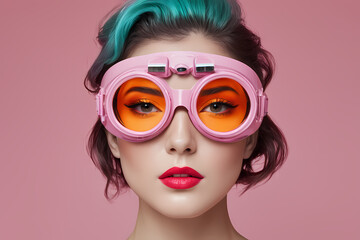 Vibrant fashion display featuring unique goggles and striking makeup against a pink backdrop. Generative AI