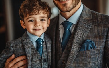 Father and son in matching suits share a joyful moment during a special occasion indoors