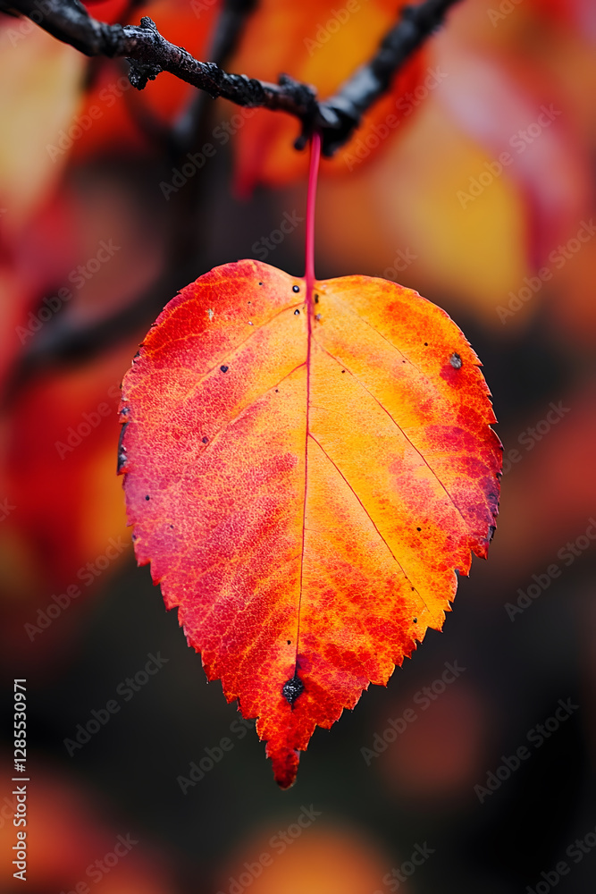 Poster close-up of vibrant autumn leaf with striking orange and red colors on branch : generative ai