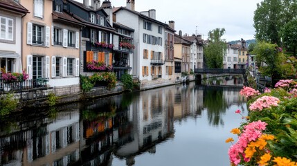 Canal-side houses reflect in calm water, flowers bloom, mountains background; travel postcard