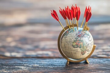 Global data processing illustrated with arrows targeting specific locations around a globe, arrows and data processing over globe