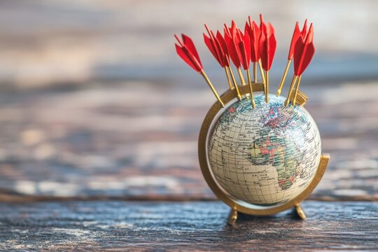 Global data processing illustrated with arrows targeting specific locations around a globe, arrows and data processing over globe - Powered by Adobe