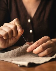 Obraz premium 手仕事の静けさ、シンプルなデスク上で裁縫針を通す繊細な手元の美しさ 