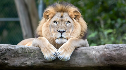 Obraz premium Majestic Lion Resting on a Log in Natural Habitat Wildlife Photography : Generative AI