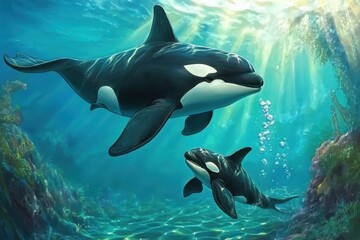 Obraz premium Wild orcas swimming together underwater in a bright ocean setting with mother and baby enjoying their time, Wild Orcas Killerwhales mother and baby underwater, aquatic life media