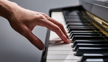 無機質なグレー背景に映える、滑らかに動くピアノの鍵盤を弾く手元
