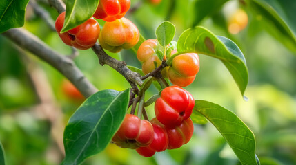 Acerola cherries on branch, vibrant, lush foliage.