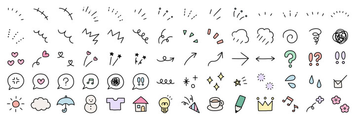 手書きの飾りイラストのベクターイラストセット。手描き、集中線、注目、矢印、吹き出し