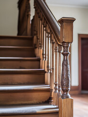 Elegant Wooden Staircase with Detailed Balusters in Cozy Interior Setting : Generative AI