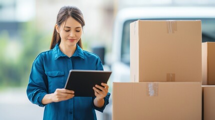 A woman checks her tablet while standing near stacked cardboard boxes outside a vehicle, appearing focused and organized in her delivery work.