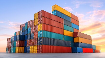 A vibrant stack of shipping containers against a colorful sunset, symbolizing global trade and logistics.