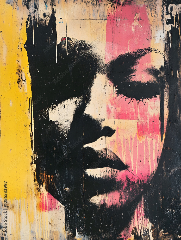 Poster Abstract Female Face Art on Canvas with Vibrant Colors and Expressive Brushstrokes : Generative AI