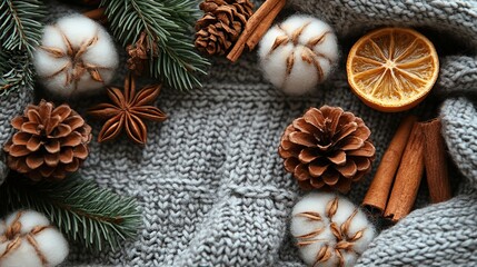 Fototapeta premium Cozy textures knitted plaid, cotton branch, cinnamon sticks, pine cone, and anise on grey.