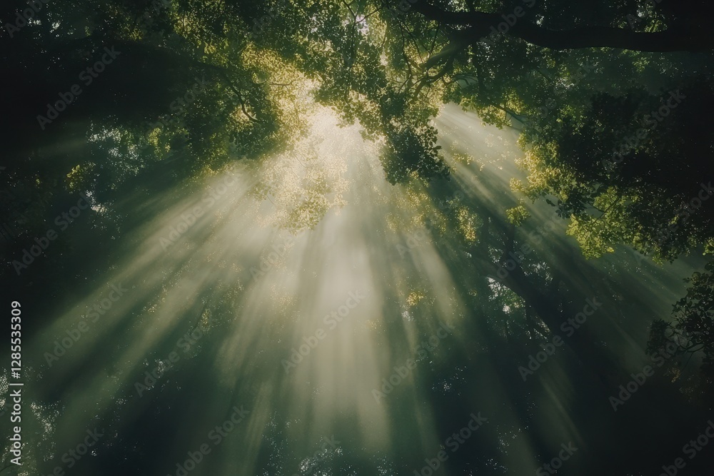 Poster sunlight filters through tree canopy creating ethereal rays in serene forest setting, looking up at 