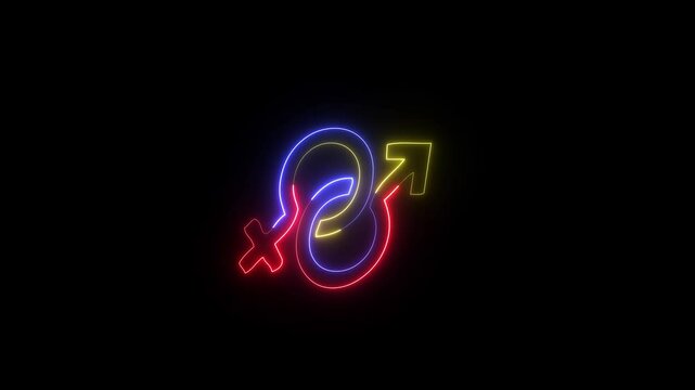 Animation neon male and female gender symbol. Glowing neon Gender icon isolated on black background.