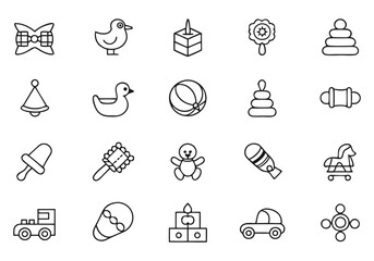 Fototapeta premium Baby Toddler Toys Features Outline Icon Set - Teething Relief, Fine Motor Skills, Hand-Eye Coordination - Editable Stroke Vector Illustration