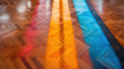 Church interior with stained glass windows Concept, Soft Multi-Colored Light Reflections on Wooden Floor from Stained Glass Artistry in a Serene Room