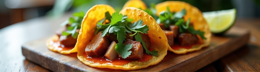 Tacos on a wooden board with a lime wedge