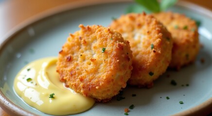 Fototapeta premium Crab cakes on a plate with sauce on the side