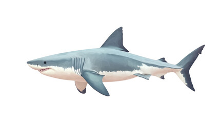 Fototapeta premium A stylized illustration of a great white shark, depicted in shades of gray and white, swimming against a transparent background. The shark is shown in profile, with its mouth slightly open