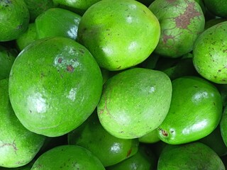 Avocados are green in color, shaped like pumpkins and have large seeds.