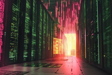 Animating microchip and binary code illuminate server room with vibrant colors during digital processing, Animating microchip and binary code over server room in data center