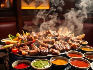 Steaming Hot Asian Cuisine Grilled Meat Platter with Dipping Sauces